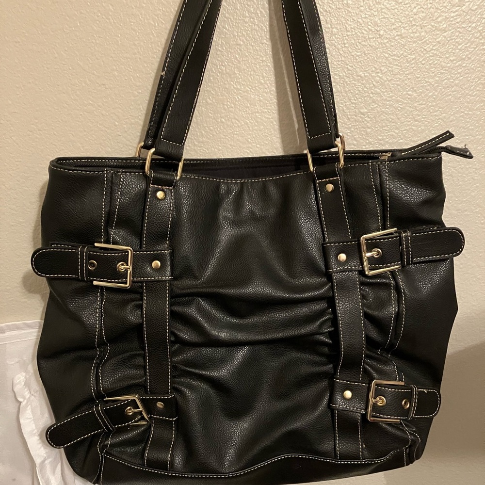 Large Feaux Leather Black Tote